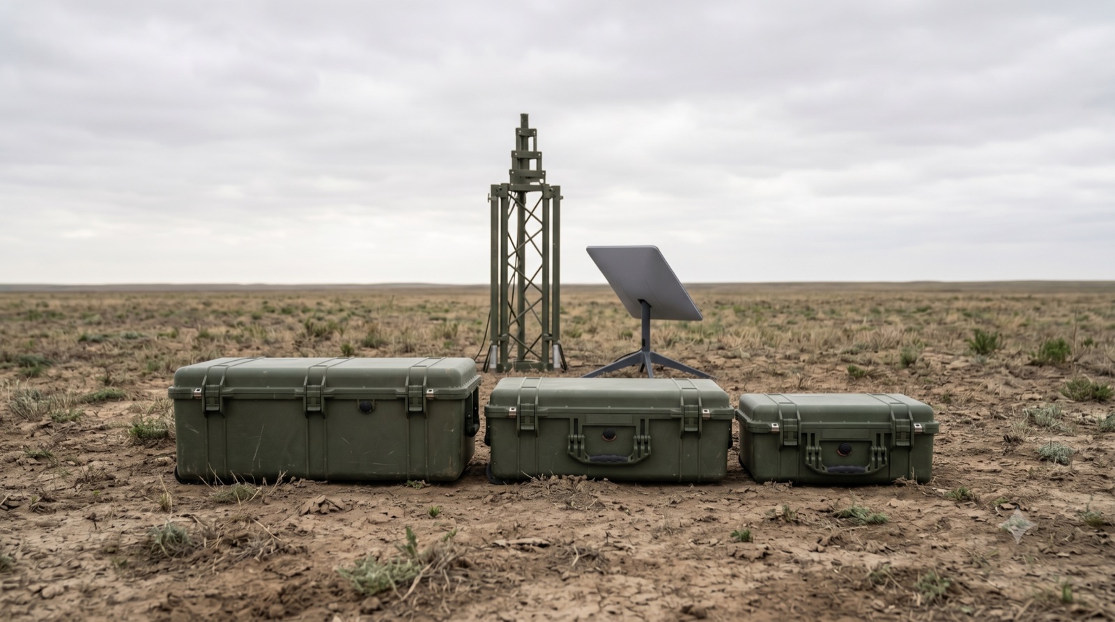 PCN Flyaway Kit — three transit cases deployed in the field