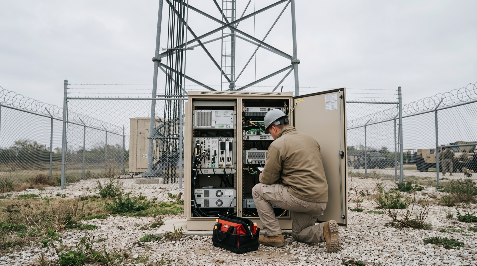 DHI technician servicing a Sapphire PCN base-station equipment cabinet