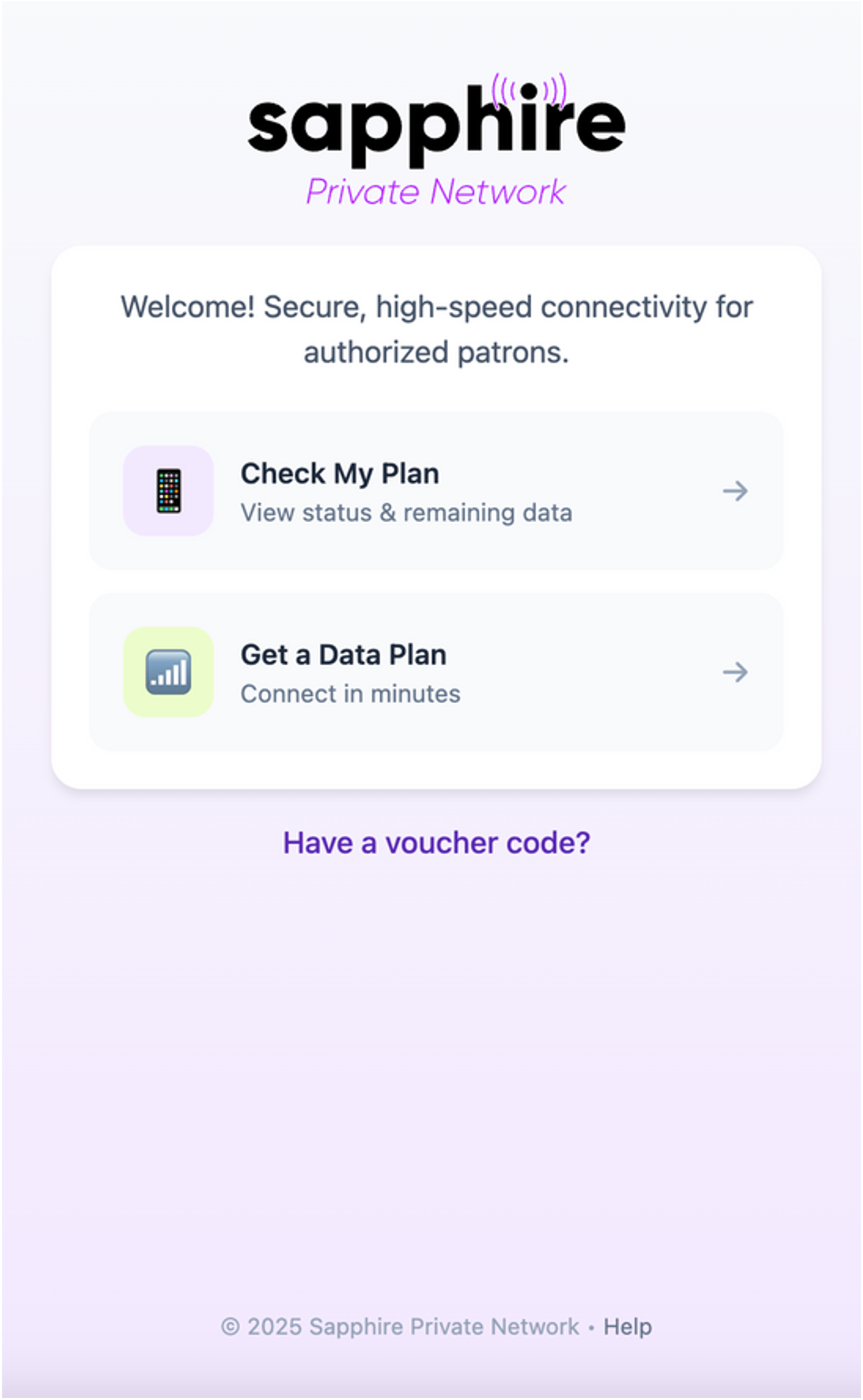 Sapphire Private Network app — welcome screen showing Check My Plan and Get a Data Plan options