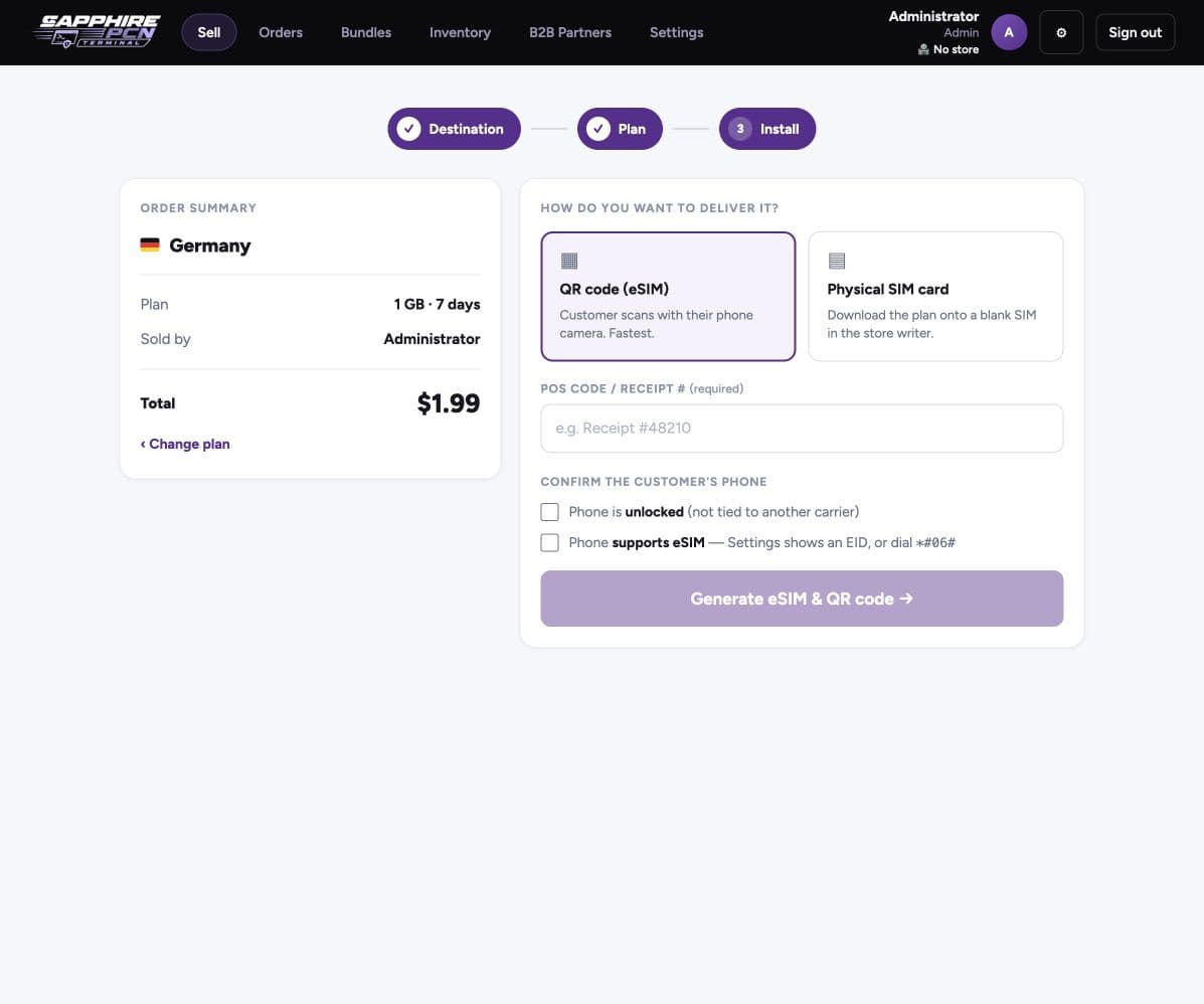 Actual eSIM delivery screen with an order summary, POS receipt reference and phone compatibility checks.